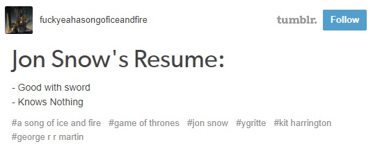 jon snow funny resume